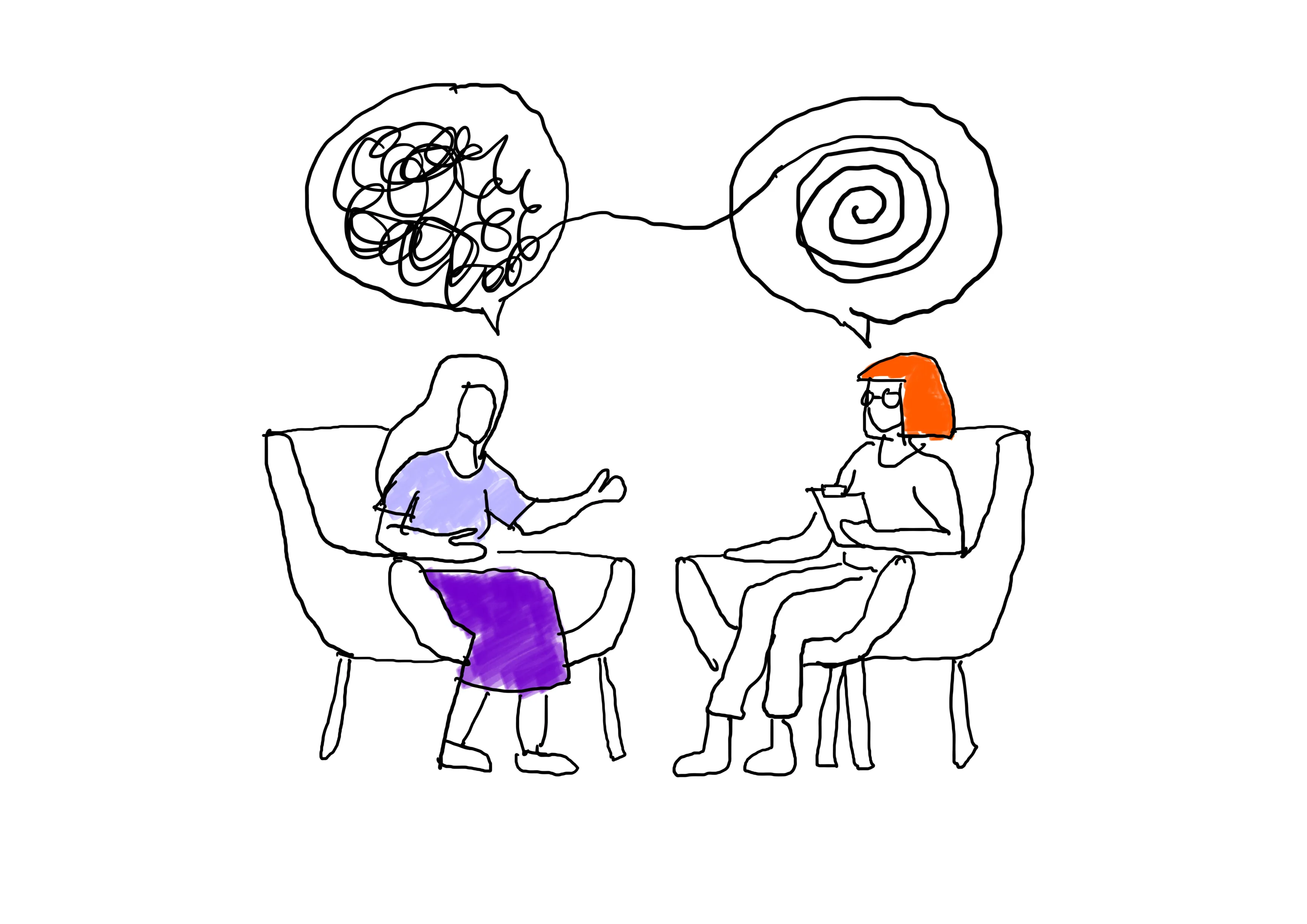Two people facing each other in chairs — one with a tangled scribble in their thought bubble, the other with a neatly resolved spiral
